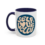 Self-Love Club Coffee Mug featuring a retro design with playful letters and contrasting handle.