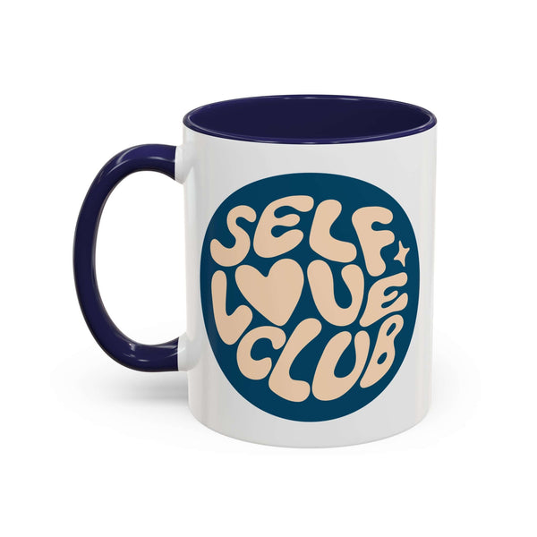 Self-Love Club Coffee Mug featuring a retro design with playful letters and contrasting handle.