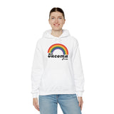Model wearing white Retro Rainbow Tacoma Pride Cozy Hoodie with vibrant rainbow design.
