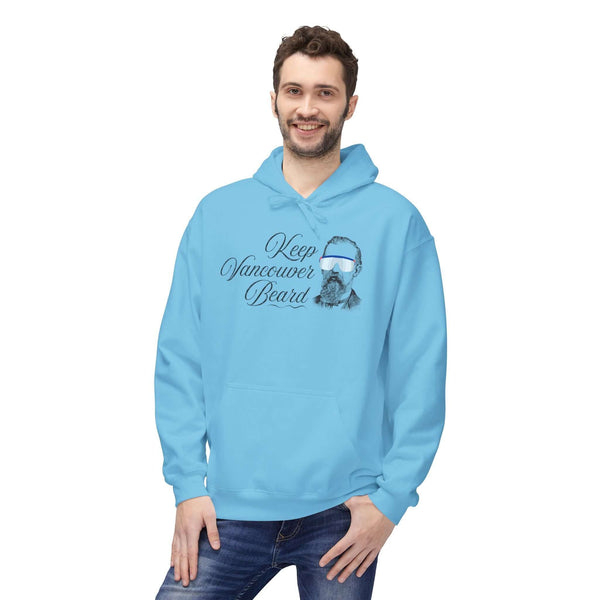 Man wearing a light blue Keep Vancouver Beard Hoodie with a vintage bearded icon design.