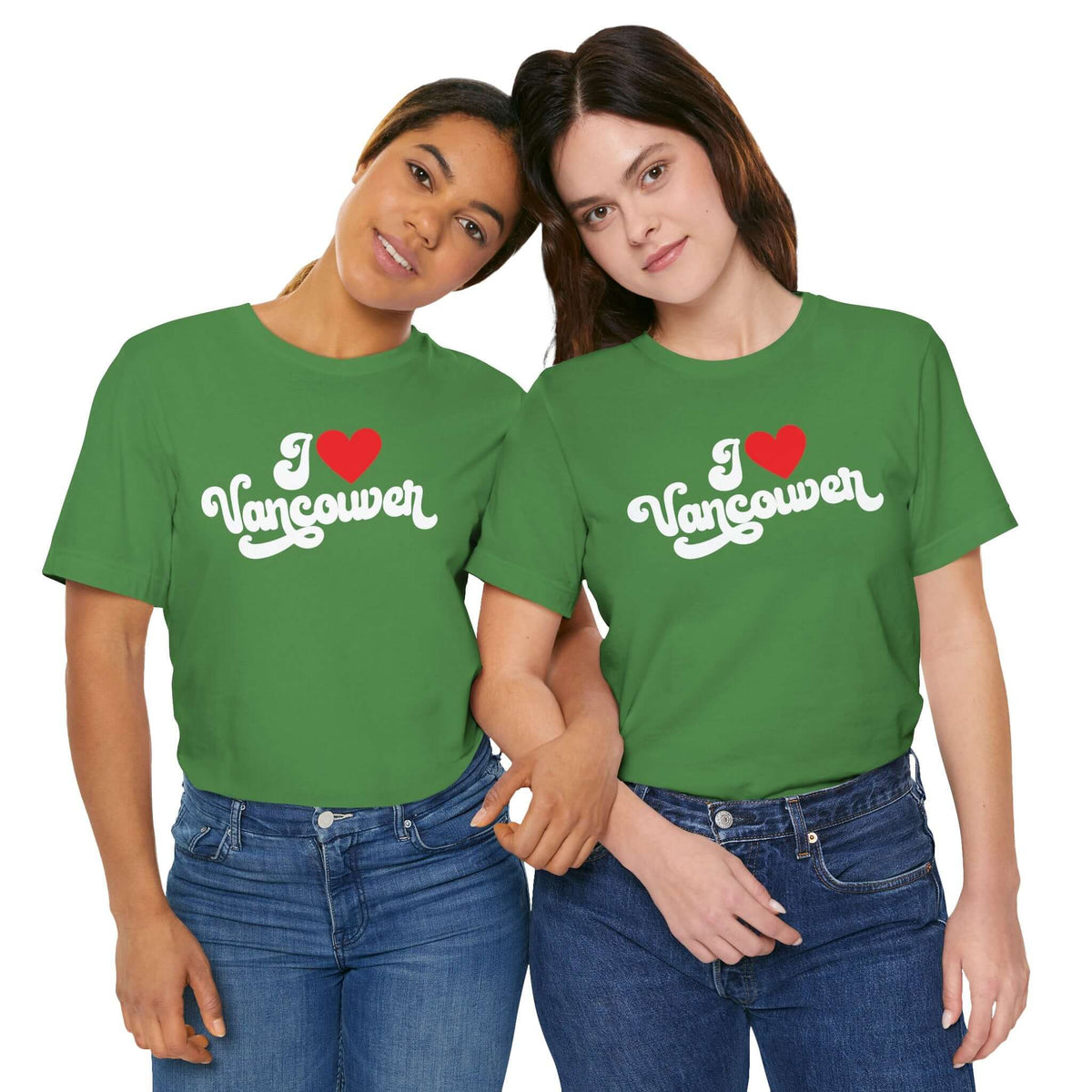 Two women wearing green I Love Vancouver T Shirt, showcasing Washington hometown pride and comfortable style.