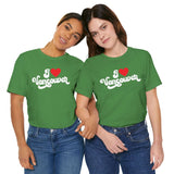 Two women wearing green I Love Vancouver T Shirt, showcasing Washington hometown pride and comfortable style.