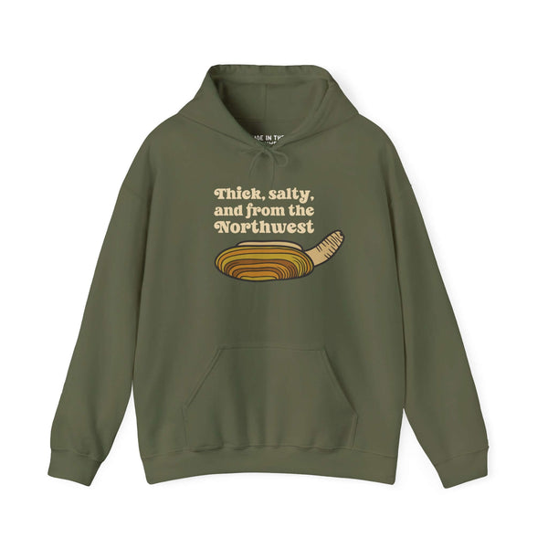 Thick & Salty Northwest Geoduck Clam hoodie featuring humorous graphic and text for PNW seafood lovers.