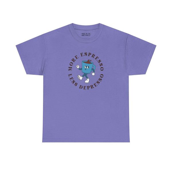 More Espresso Less Depresso purple athletic tee with playful coffee design, perfect for coffee lovers.
