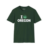 I Marijuana Oregon T Shirt design featuring a bold graphic of a marijuana leaf and text on a green backdrop.