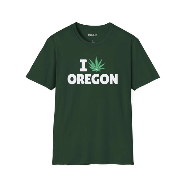 I Marijuana Oregon T Shirt design featuring a bold graphic of a marijuana leaf and text on a green backdrop.