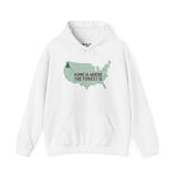 White hoodie with 'Home is Where the Forest Is' design featuring a U.S. map, perfect for nature lovers and outdoor enthusiasts.