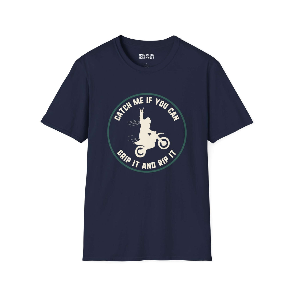 Trying to Catch Bigfoot Motocross Softstyle T-Shirt featuring Sasquatch on a bike with 'Catch Me If You Can' print.