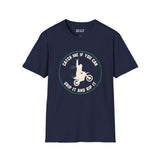 Trying to Catch Bigfoot Motocross Softstyle T-Shirt featuring Sasquatch on a bike with 'Catch Me If You Can' print.