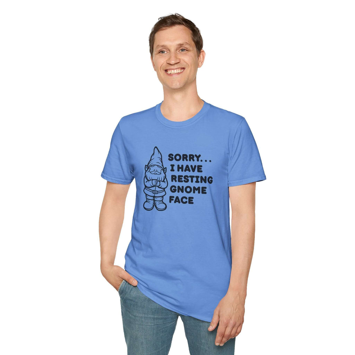 Man wearing a blue t-shirt with grumpy gnome design and text 'Sorry... I have resting gnome face'.