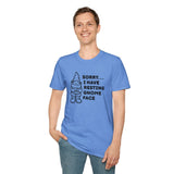 Man wearing a blue t-shirt with grumpy gnome design and text 'Sorry... I have resting gnome face'.