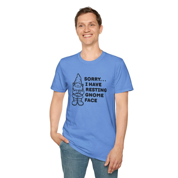Man wearing a blue t-shirt with grumpy gnome design and text 'Sorry... I have resting gnome face'.