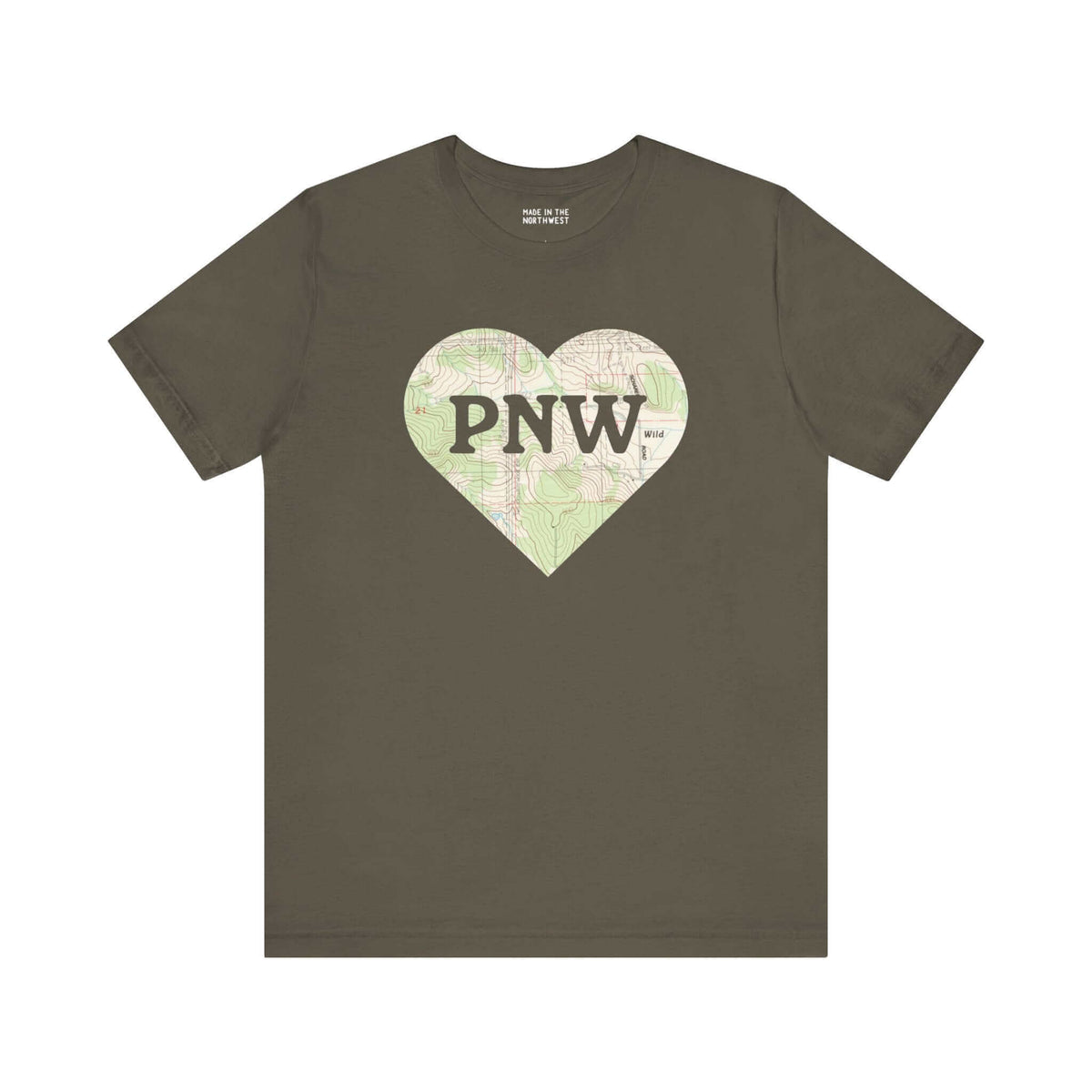 Olive green t-shirt with a heart-shaped topo map and bold "PNW" text, celebrating the Pacific Northwest spirit of adventure.