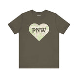 Olive green t-shirt with a heart-shaped topo map and bold 