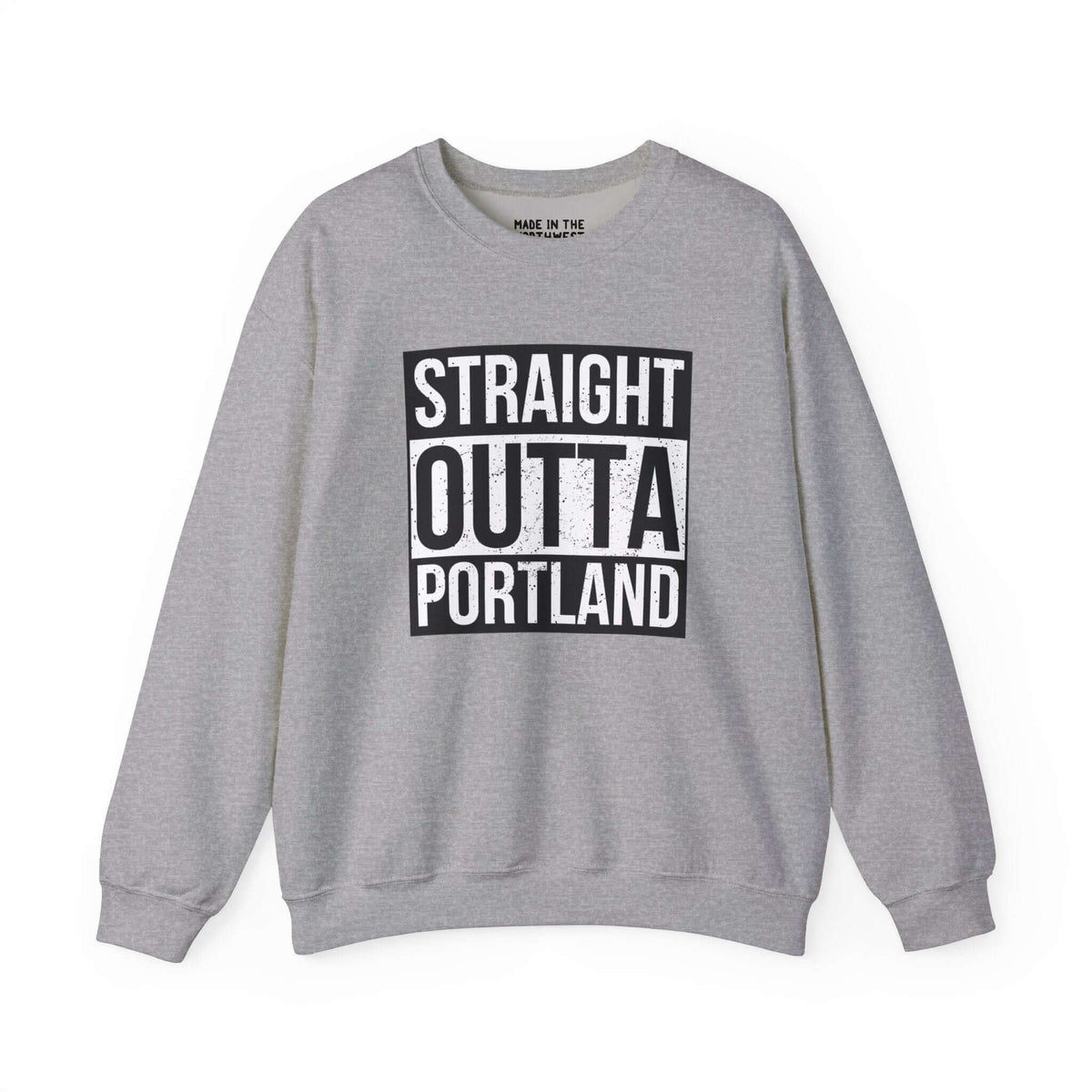 Gray "Straight Outta Portland" sweatshirt showcasing bold city pride and streetwear style, inspired by iconic design.