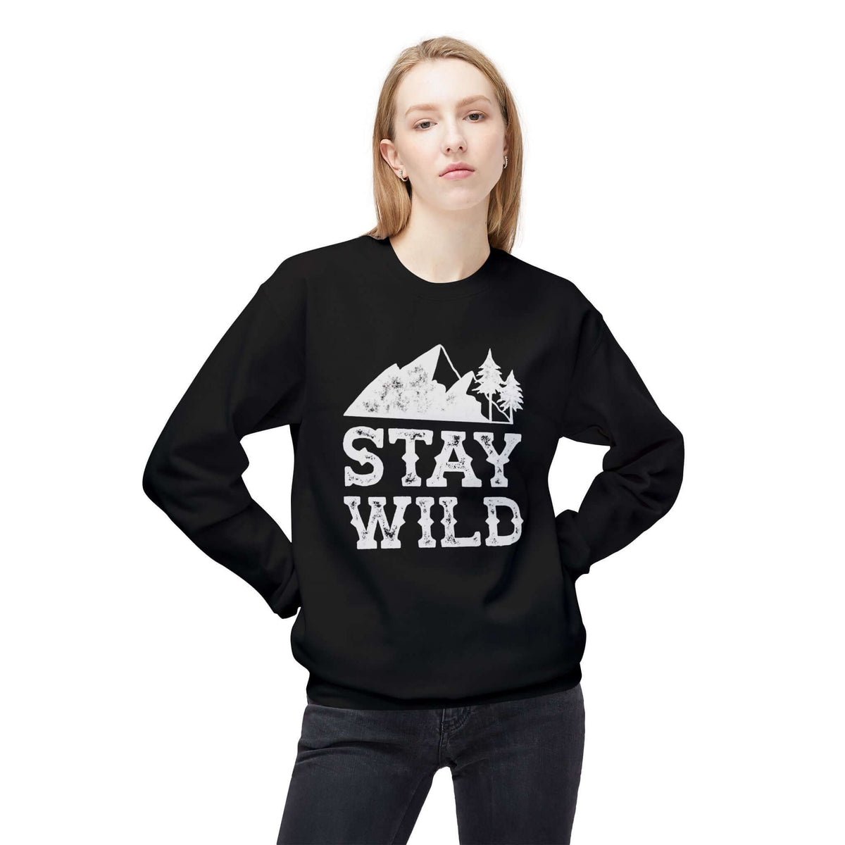 Stay Wild sweatshirt featuring a vintage mountain graphic, perfect for outdoor lovers and cozy comfort.