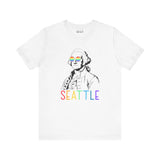George's Rainbow Vision tee showcasing George Washington in rainbow glasses with 'SEATTLE' in vibrant colors.