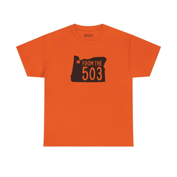 Orange athletic tee featuring the text 'From the 503' and Oregon state silhouette, celebrating Portland culture.