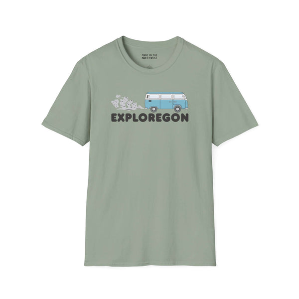 Exploregon Adventure Van softstyle t-shirt featuring a retro van design and bold lettering for outdoor enthusiasts.