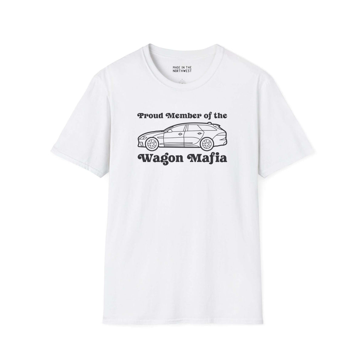 White Proud Member of the Wagon Mafia t-shirt featuring a stylish wagon graphic, perfect for wagon enthusiasts.