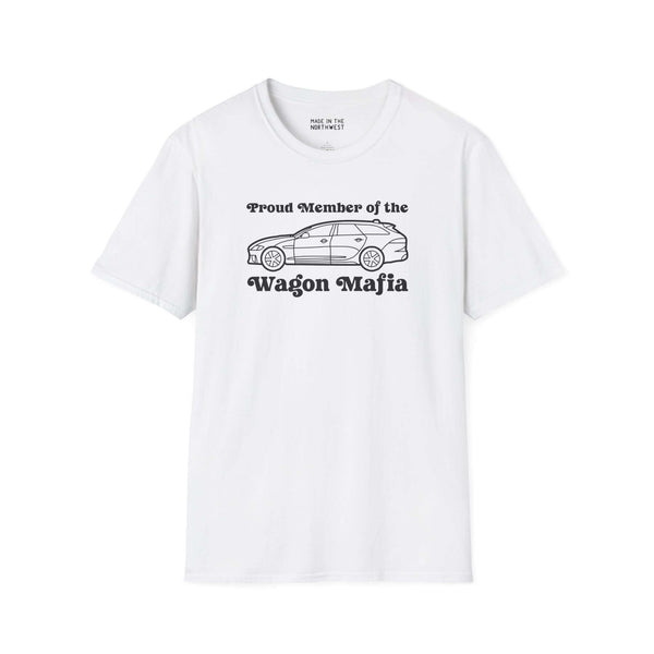 White Proud Member of the Wagon Mafia t-shirt featuring a stylish wagon graphic, perfect for wagon enthusiasts.