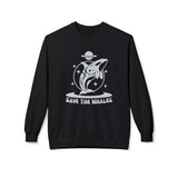 Save the Whales sweatshirt featuring a minimalist whale illustration and retro banner on a black crewneck.