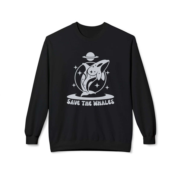 Save the Whales sweatshirt featuring a minimalist whale illustration and retro banner on a black crewneck.