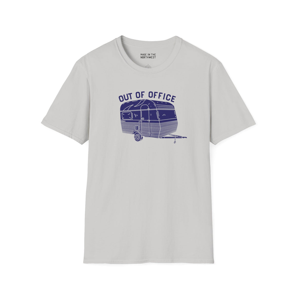 Out of Office camper softstyle t-shirt featuring a retro travel trailer, perfect for road trips and adventures.