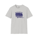 Out of Office camper softstyle t-shirt featuring a retro travel trailer, perfect for road trips and adventures.