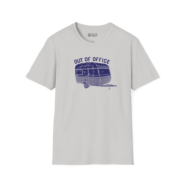 Out of Office camper softstyle t-shirt featuring a retro travel trailer, perfect for road trips and adventures.