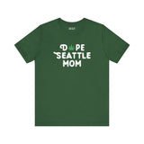 Dope Seattle Mom premium soft tee in green with playful marijuana leaf graphic for cool, proud moms.