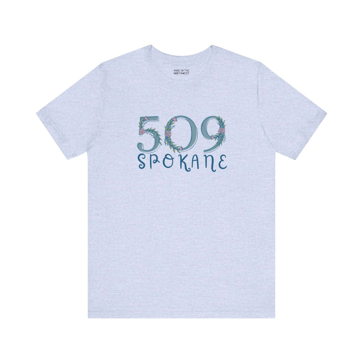 Light gray women's tee with 509 Spokane floral design, showcasing Pacific Northwest pride and comfort.