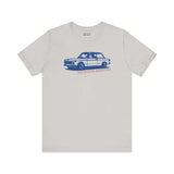 Old School Injection tee featuring classic BMW 2002 Tii design on a soft gray shirt for car enthusiasts.
