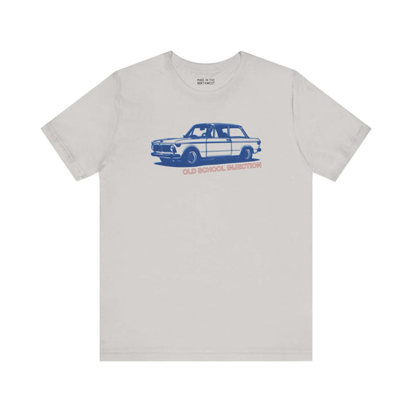 Old School Injection tee featuring classic BMW 2002 Tii design on a soft gray shirt for car enthusiasts.