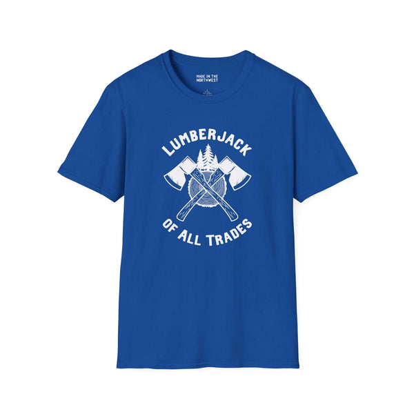 Lumberjack of All Trades blue softstyle t-shirt featuring axes and tree graphic, ideal for hardworking individuals.