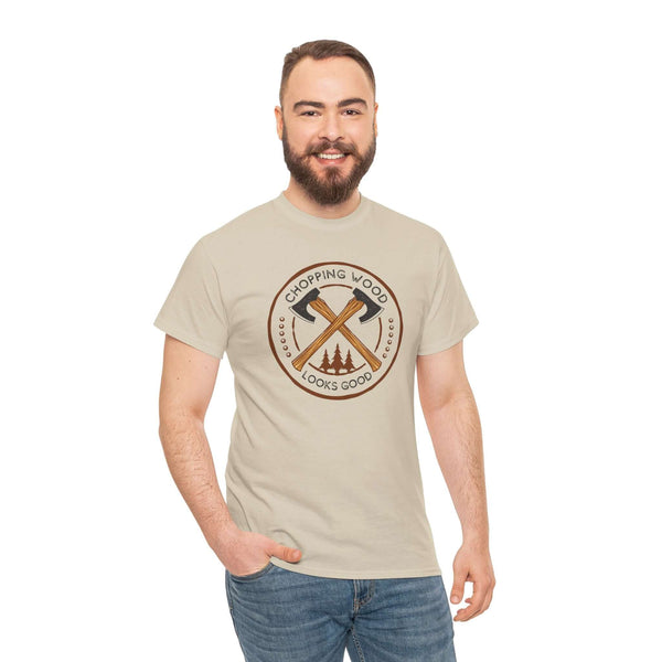 Man wearing Chopping Wood Looks Good athletic tee with axe graphic, perfect for outdoor enthusiasts.