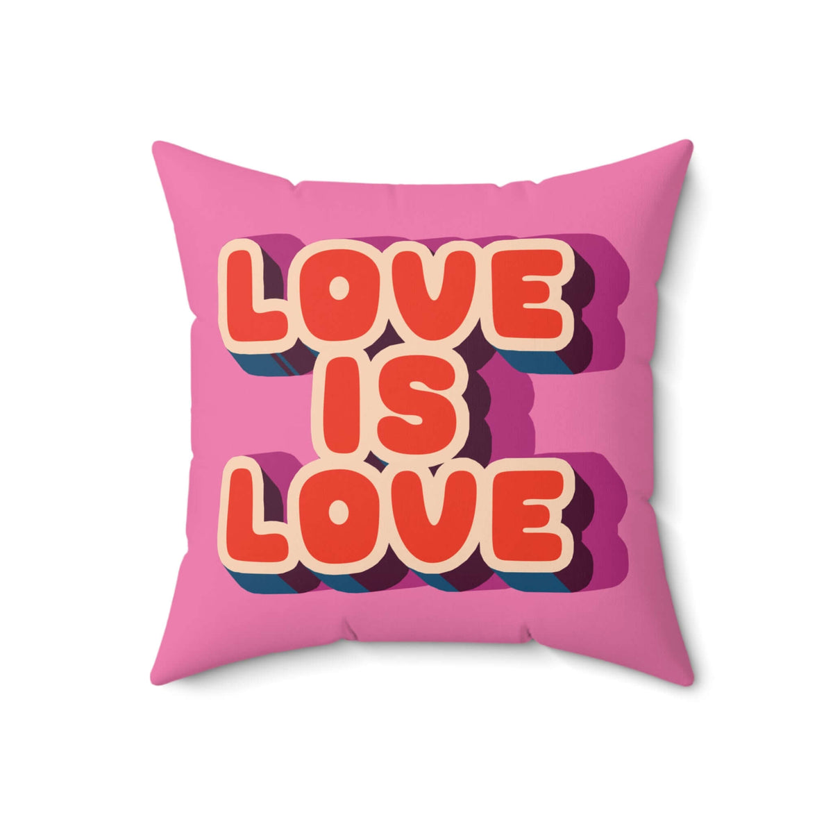 Love Is Love Pillow with retro lettering on a pink background, perfect for home decor and affirming messages.