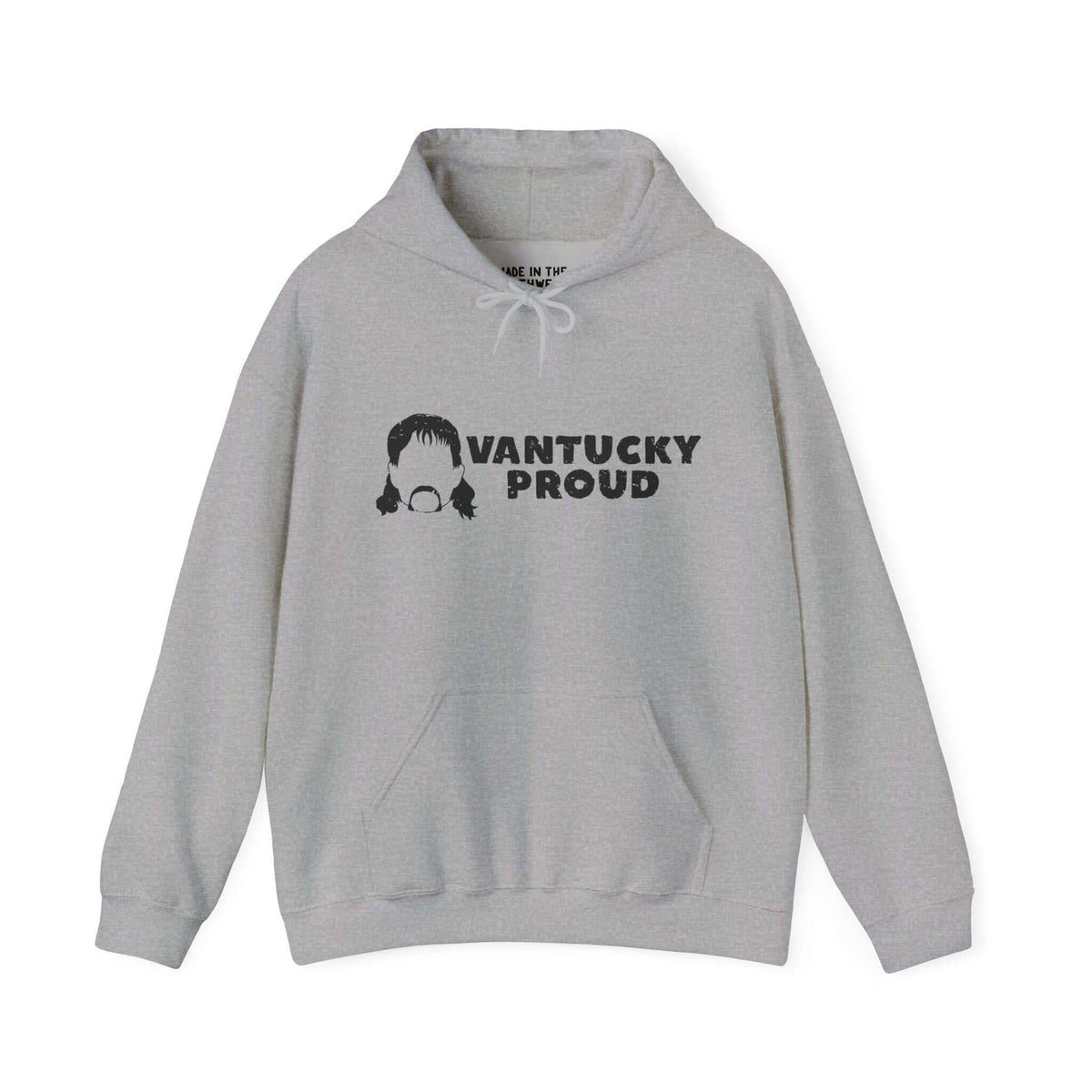 Gray hoodie with "Vantucky Proud" text and graphic, reflecting resilience and grit, inspired by Rusty McCoy's hardworking spirit.