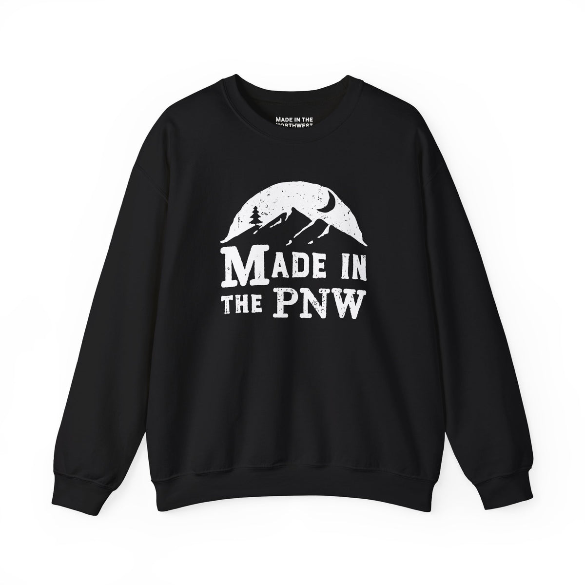 Made in the PNW sweatshirt showcasing a distressed mountain design on a black crewneck.