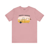 Happy Camper Adventure Premium Soft Tee featuring a vintage camper design, perfect for road trips and camping.