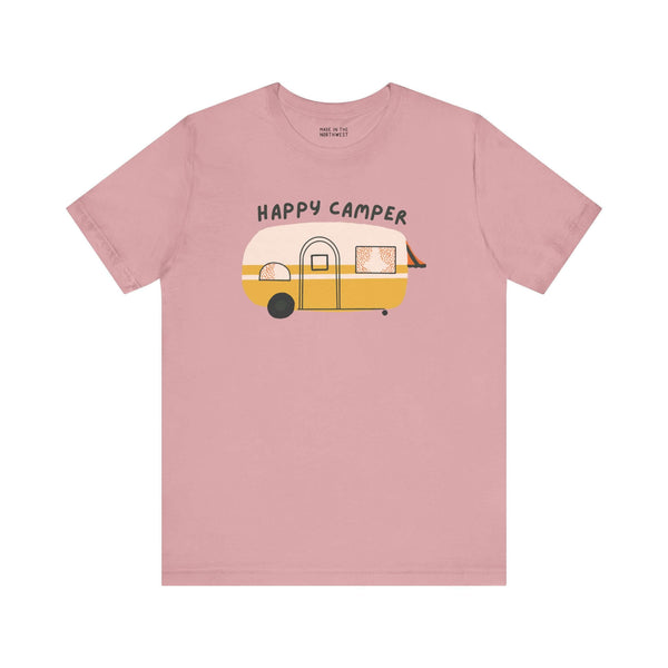 Happy Camper Adventure Premium Soft Tee featuring a vintage camper design, perfect for road trips and camping.