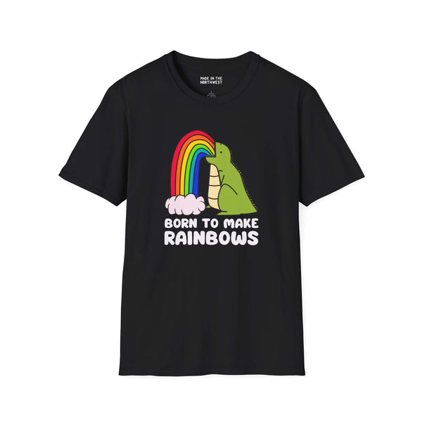 Born to Make Rainbows Dinosaur Softstyle T-Shirt featuring a colorful dinosaur and rainbow design on a black background.