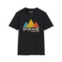 Black Spokane Softstyle T-shirt featuring modern mountain design and city name, celebrating outdoor adventures.