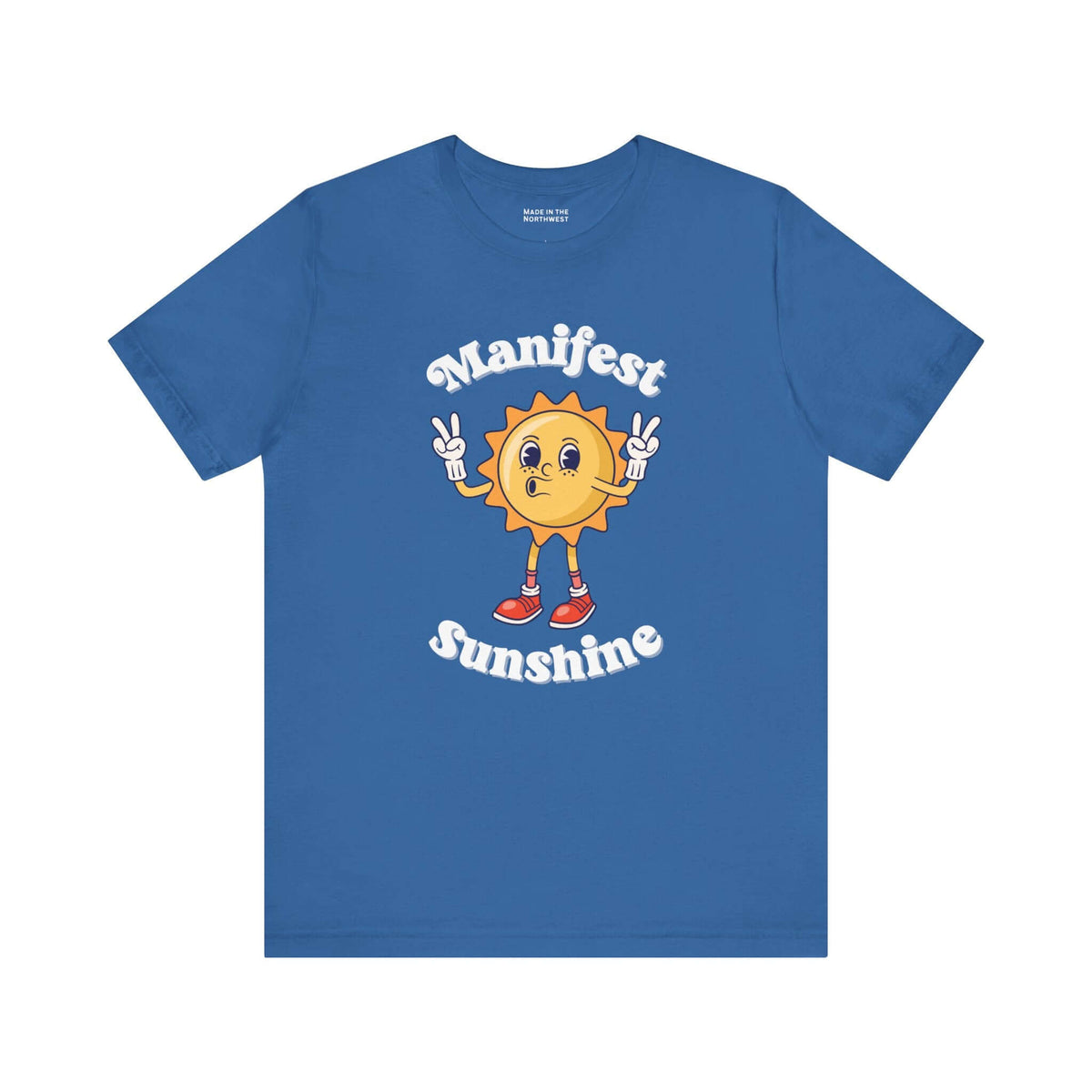 Manifest Sunshine T Shirt featuring a cheerful cartoon sun with peace signs and hand-lettered text.