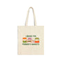 I Brake for Farmer’s Markets Tote featuring a colorful market stall design on a canvas bag.