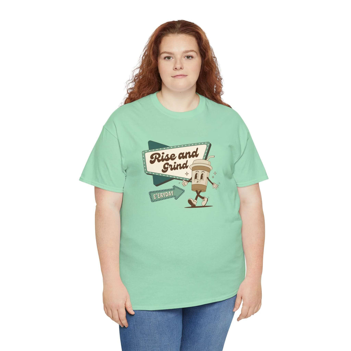 Mint green Rise and Grind E'eryday coffee tee featuring a playful coffee cup design.