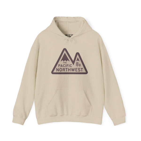 Pacific Northwest Heights Mountain Hoodie in beige with modern mountain design and bold text. Perfect for nature lovers and hikers.