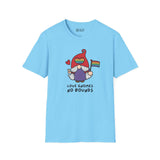Love Gnomes No Bounds Pride Softstyle T-Shirt featuring a gnome with a rainbow flag, symbolizing love and inclusivity.