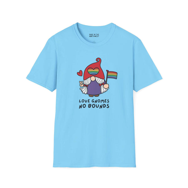 Love Gnomes No Bounds Pride Softstyle T-Shirt featuring a gnome with a rainbow flag, symbolizing love and inclusivity.
