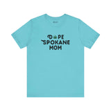 Dope Spokane Mom premium soft tee in turquoise with playful marijuana leaf graphic.